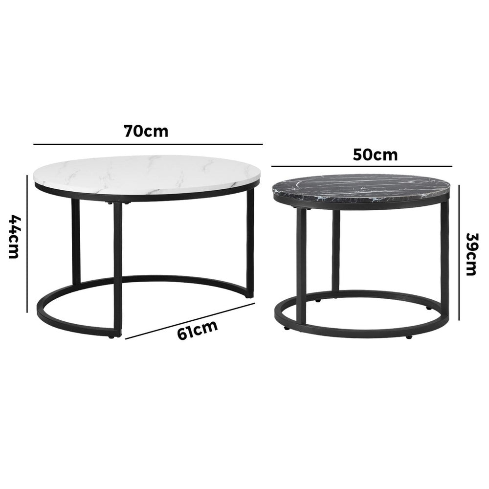 Oikiture Set of 2 Coffee Table Round Nesting White & Black