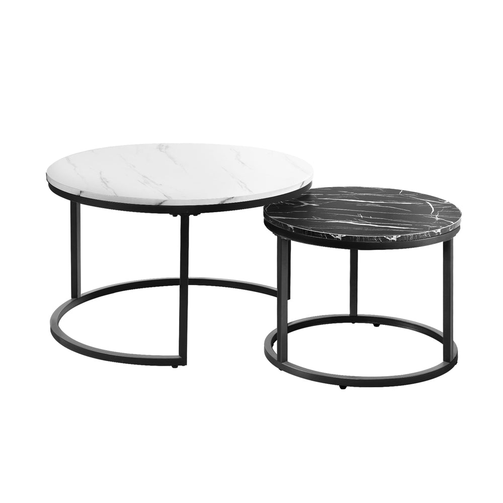 Oikiture Set of 2 Coffee Table Round Nesting White & Black