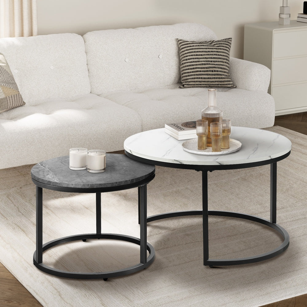 Oikiture Set of 2 Coffee Table Round Nesting White & Grey
