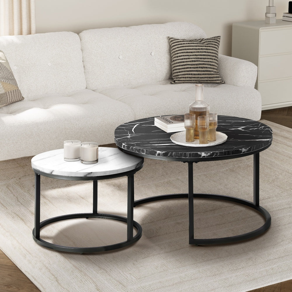 Oikiture Set of 2 Nesting Coffee Table Round Marble Black&White