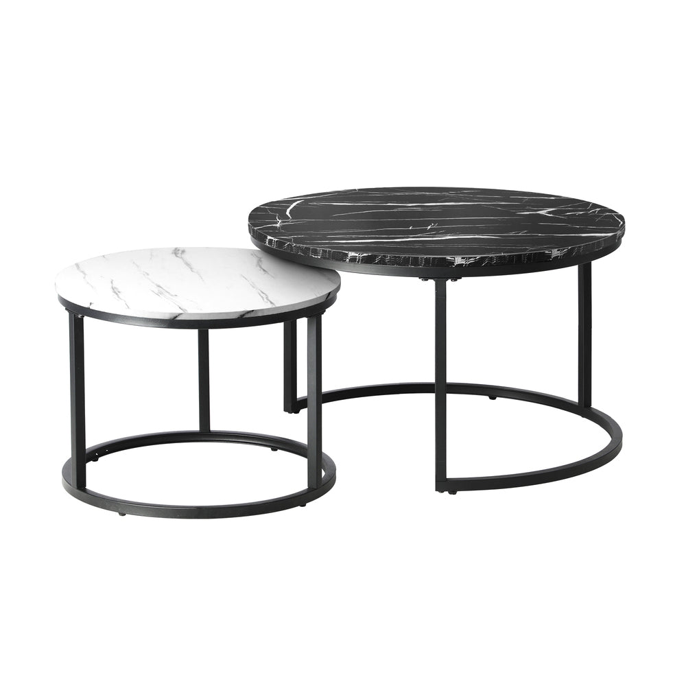 Oikiture Set of 2 Nesting Coffee Table Round Marble Black&White