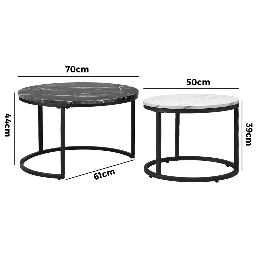 Oikiture Set of 2 Nesting Coffee Table Round Marble Black&White