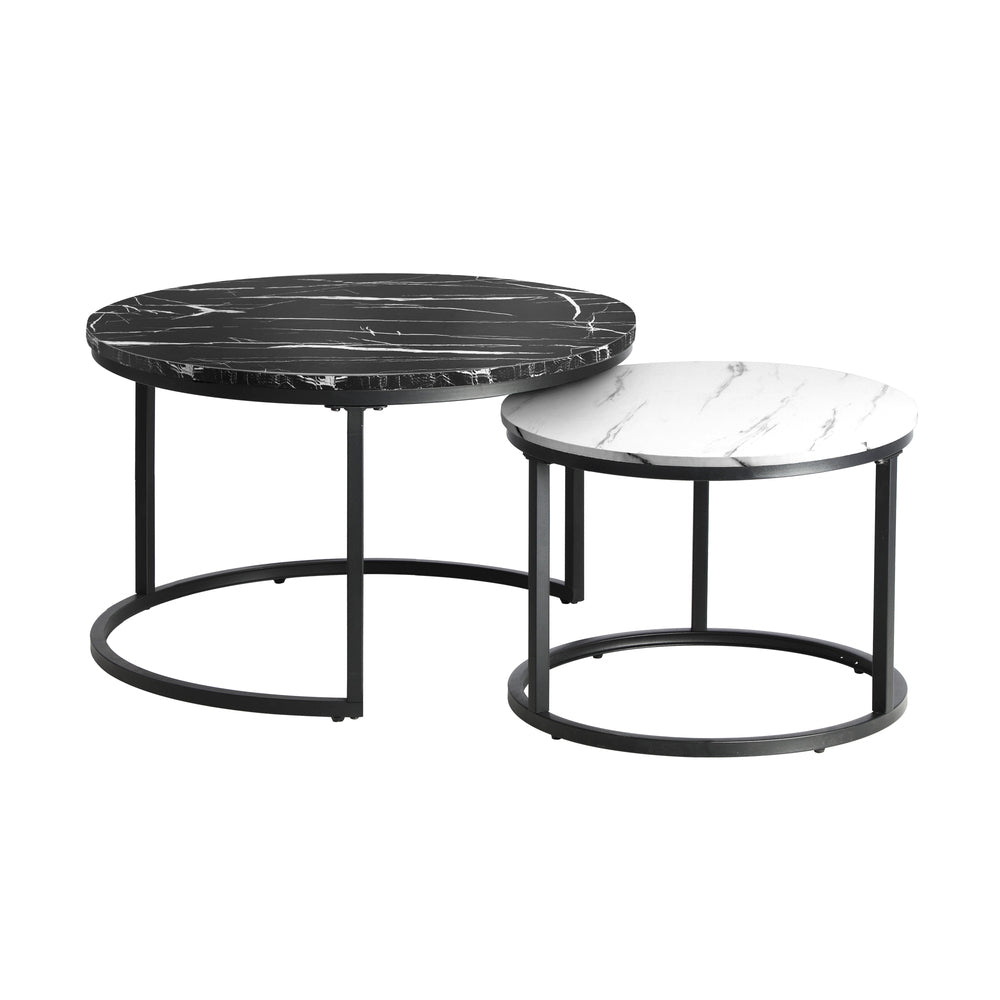 Oikiture Set of 2 Nesting Coffee Table Round Marble Black&White