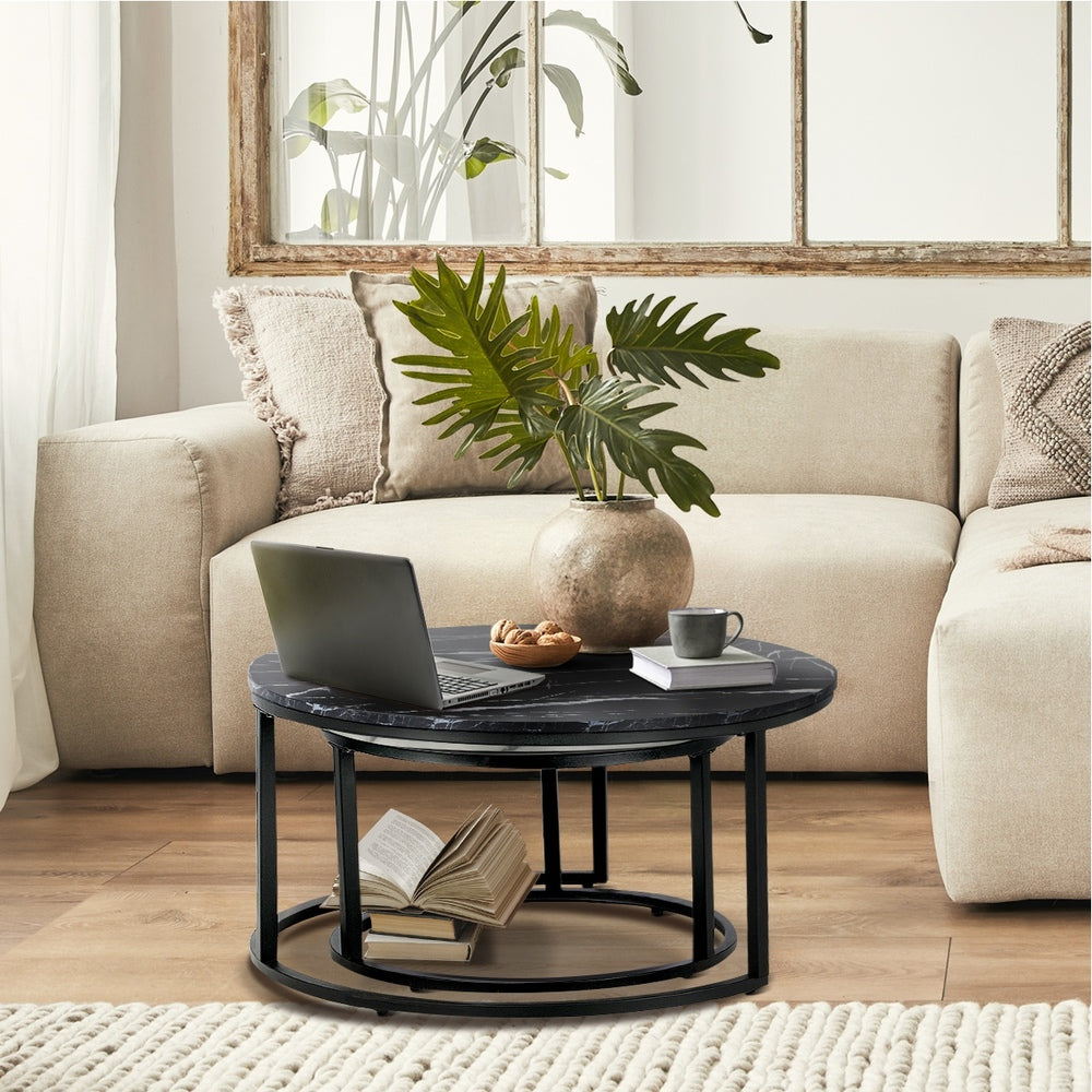 Oikiture Set of 2 Nesting Coffee Table Round Marble Black&White