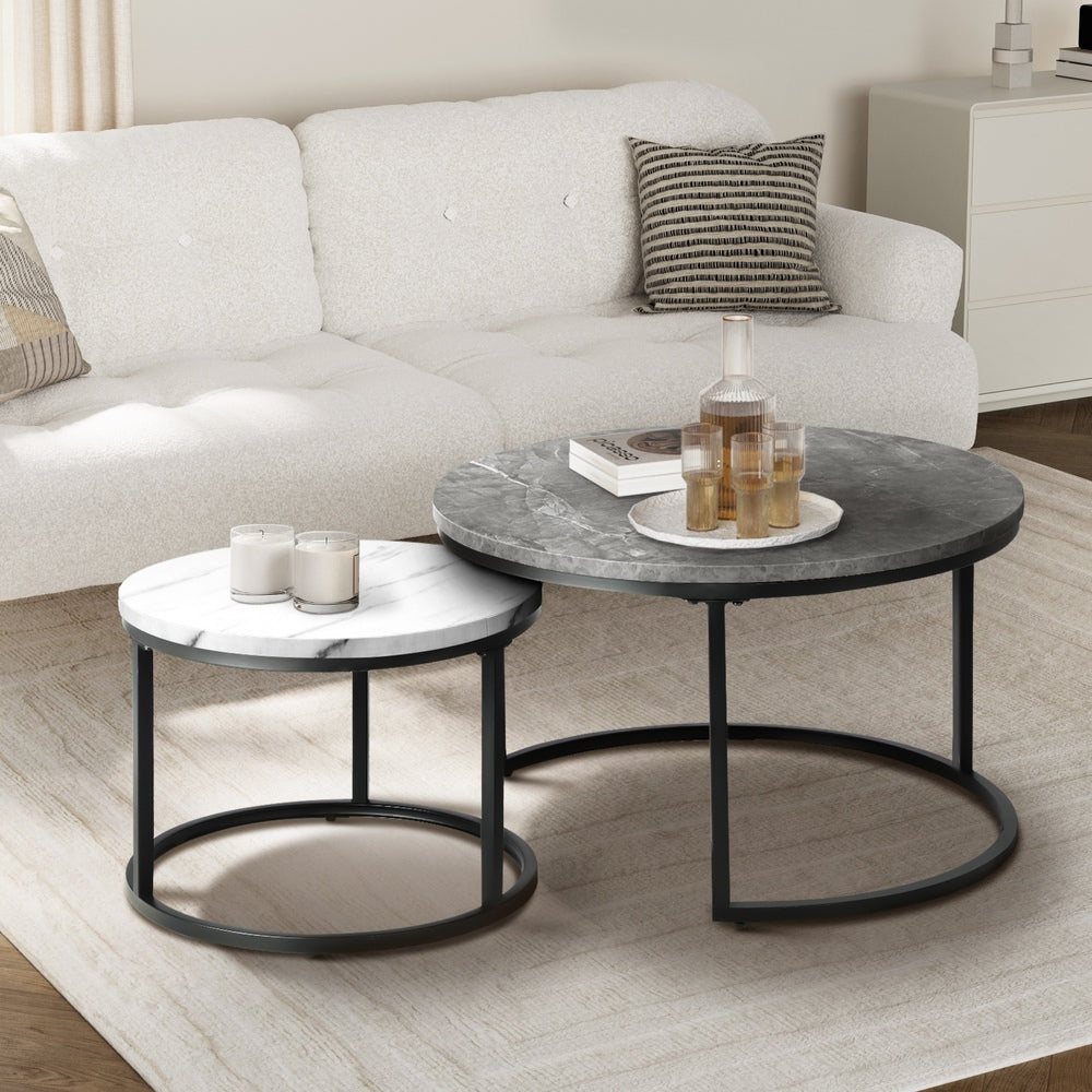 Oikiture Set of 2 Nesting Coffee Table Round Marble-like Grey&White