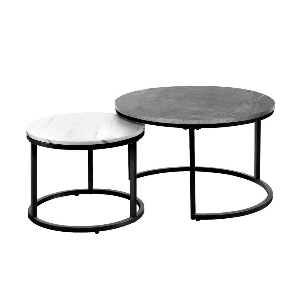 Oikiture Set of 2 Nesting Coffee Table Round Marble-like Grey&White