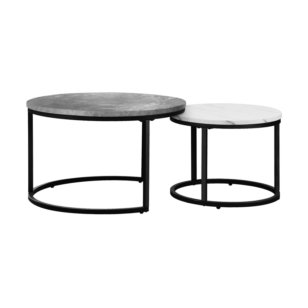 Oikiture Set of 2 Nesting Coffee Table Round Marble-like Grey&White