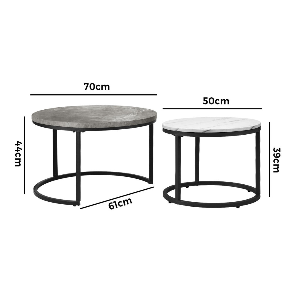 Oikiture Set of 2 Nesting Coffee Table Round Marble-like Grey&White