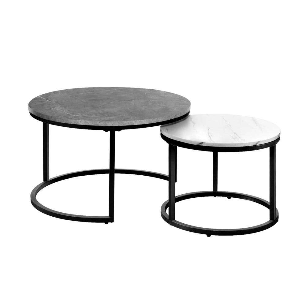 Oikiture Set of 2 Nesting Coffee Table Round Marble-like Grey&White
