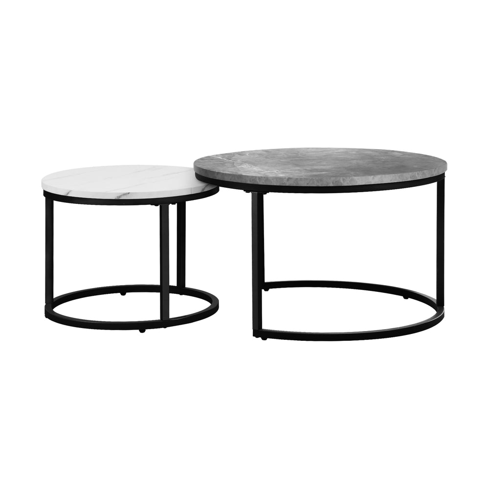 Oikiture Set of 2 Nesting Coffee Table Round Marble-like Grey&White