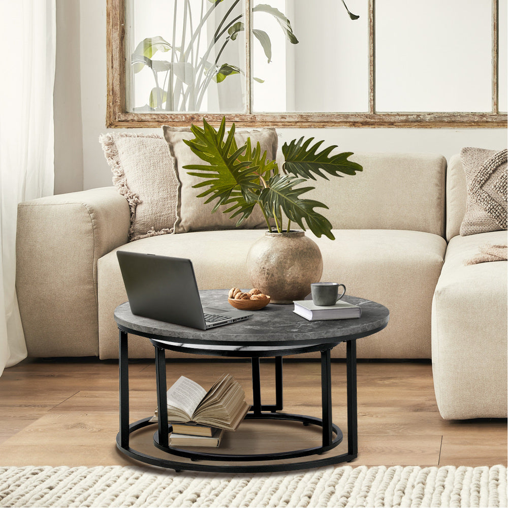Oikiture Set of 2 Nesting Coffee Table Round Marble-like Grey&White