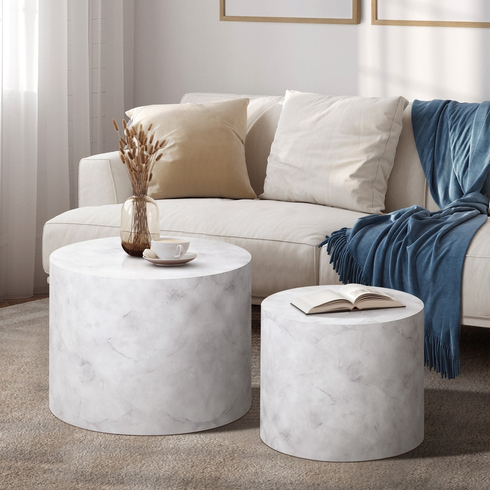 Oikiture Round Coffee Table Set of 2 Marble Effect White