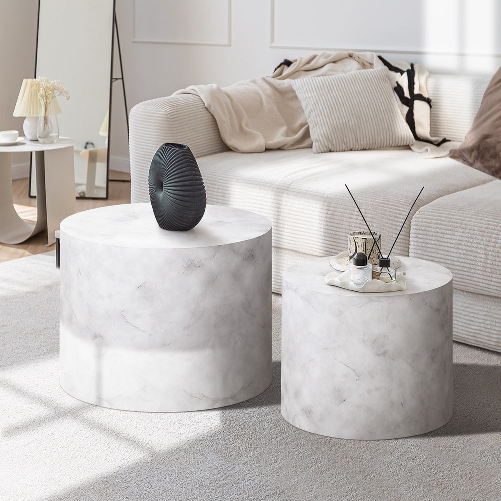 Oikiture Round Coffee Table Set of 2 Marble Effect White