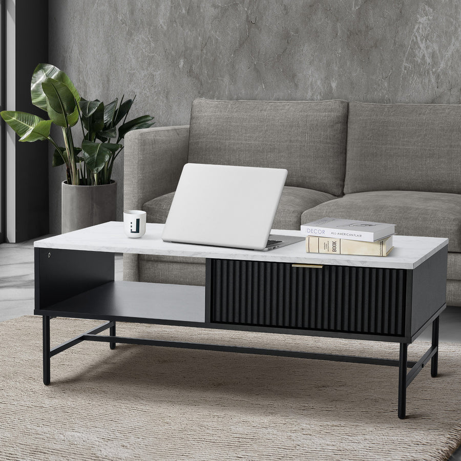 Oikiture Coffee Table 1 Drawer Sofa End Table Open Shelf Black & White