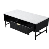 Oikiture Coffee Table 1 Drawer Sofa End Table Open Shelf Black & White - Low Angle