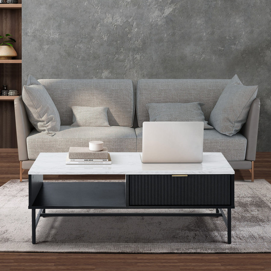 Oikiture Coffee Table 1 Drawer Sofa End Table Open Shelf Black & White