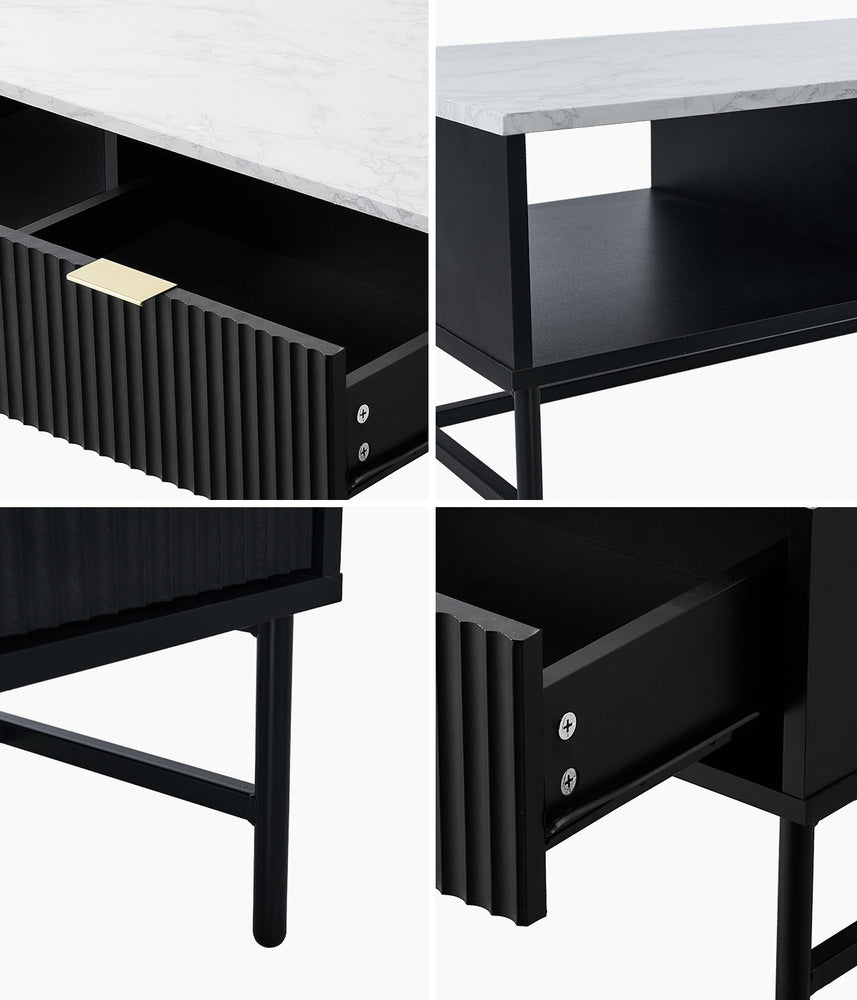 Oikiture Coffee Table 1 Drawer Sofa End Table Open Shelf Black & White