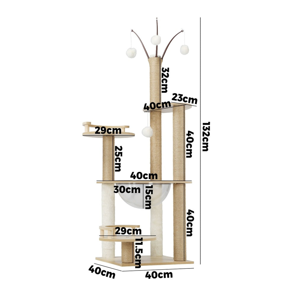 Alopet 132cm Wooden Cat Tree Scratching Post Acrylic Bowl