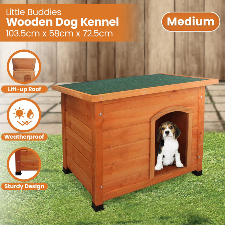 Little Buddies Weatherproof Wooden Flat Roof Dog Kennel - Medium