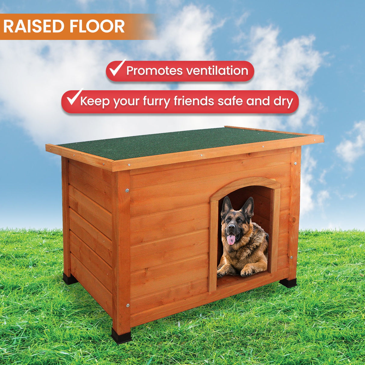 Little Buddies Wooden Flat Roof Dog Kennel - Large