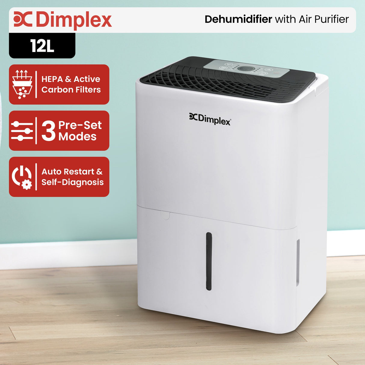 Dimplex Portable 12L Dehumidifier with Air Purifier in Black and White