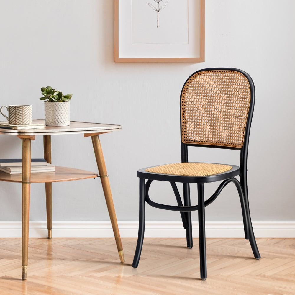 Oikiture Dining Chairs Wooden Chairs Rattan Seat Black
