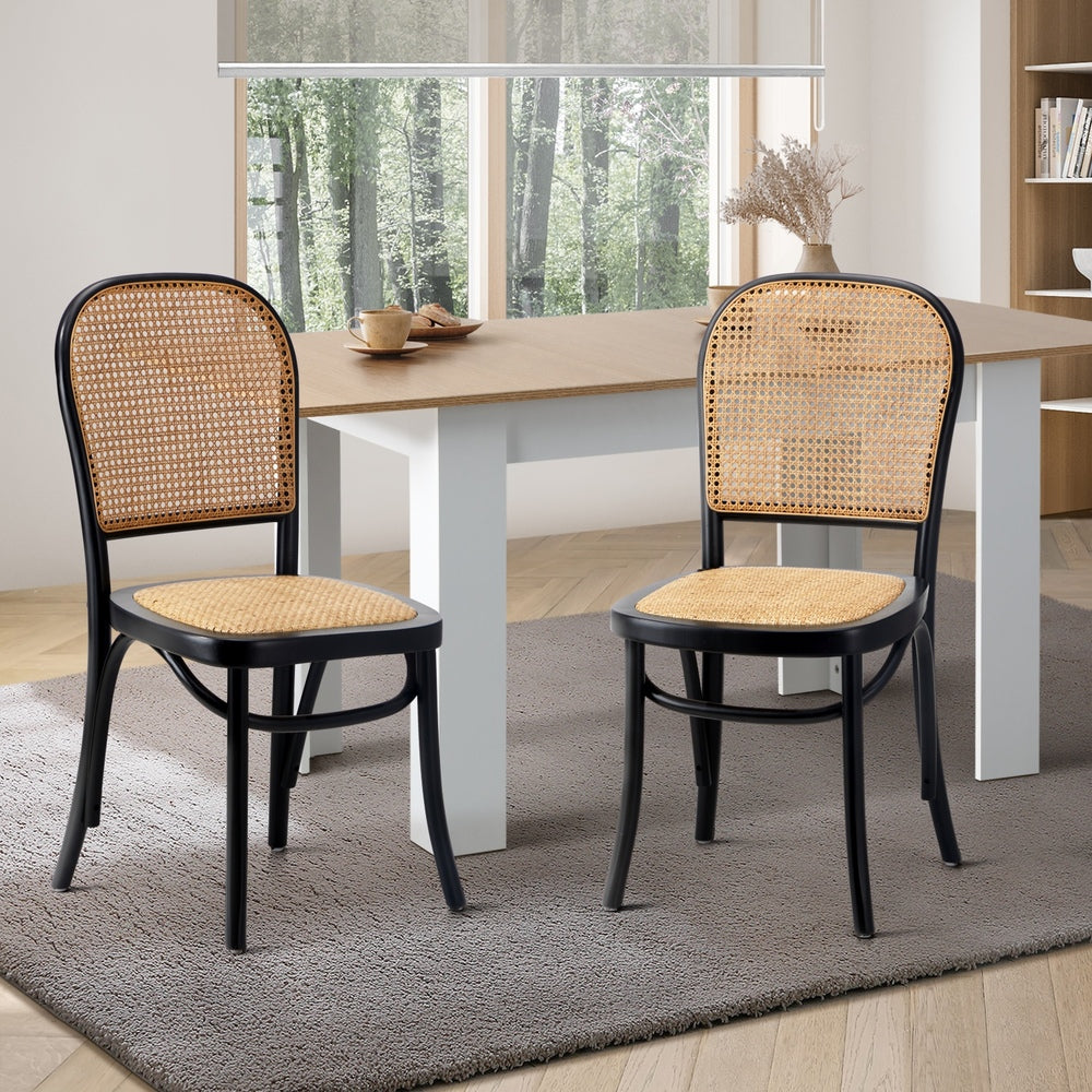 Oikiture 2PCS Dining Chairs Wooden Rattan Black