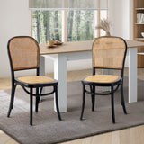 Oikiture 2PCS Dining Chairs Wooden Rattan Black