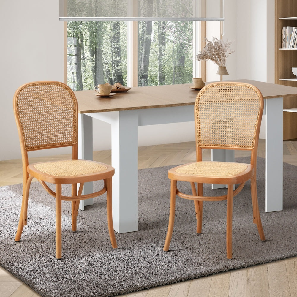 Oikiture 2PCS Dining Chairs Wooden Rattan Beige