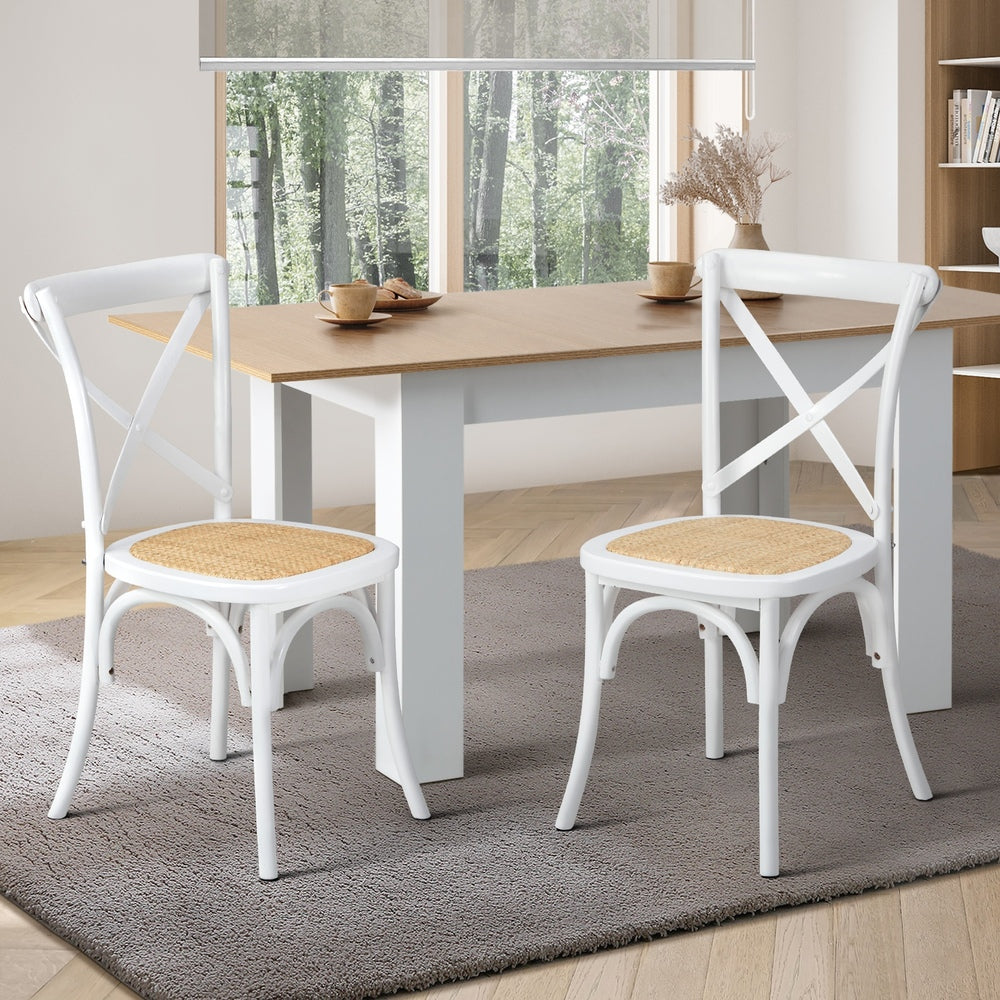 Oikiture 2PCS Crossback Dining Chair Solid Wood Ratan Seat White