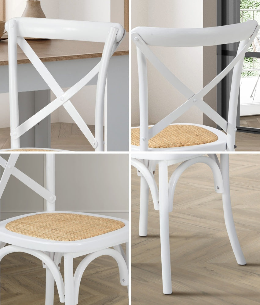 Oikiture 2PCS Crossback Dining Chair Solid Wood Ratan Seat White