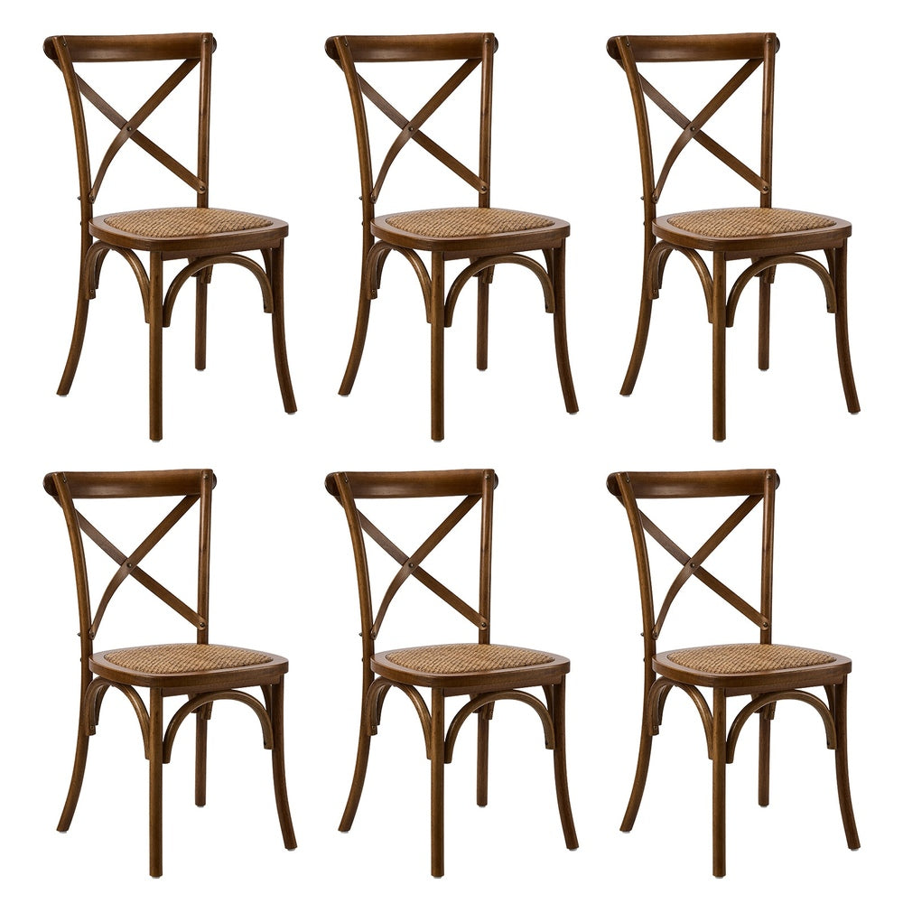 Oikiture 6PCS Crossback Wooden Dining Chair Rattan Seat Walnut