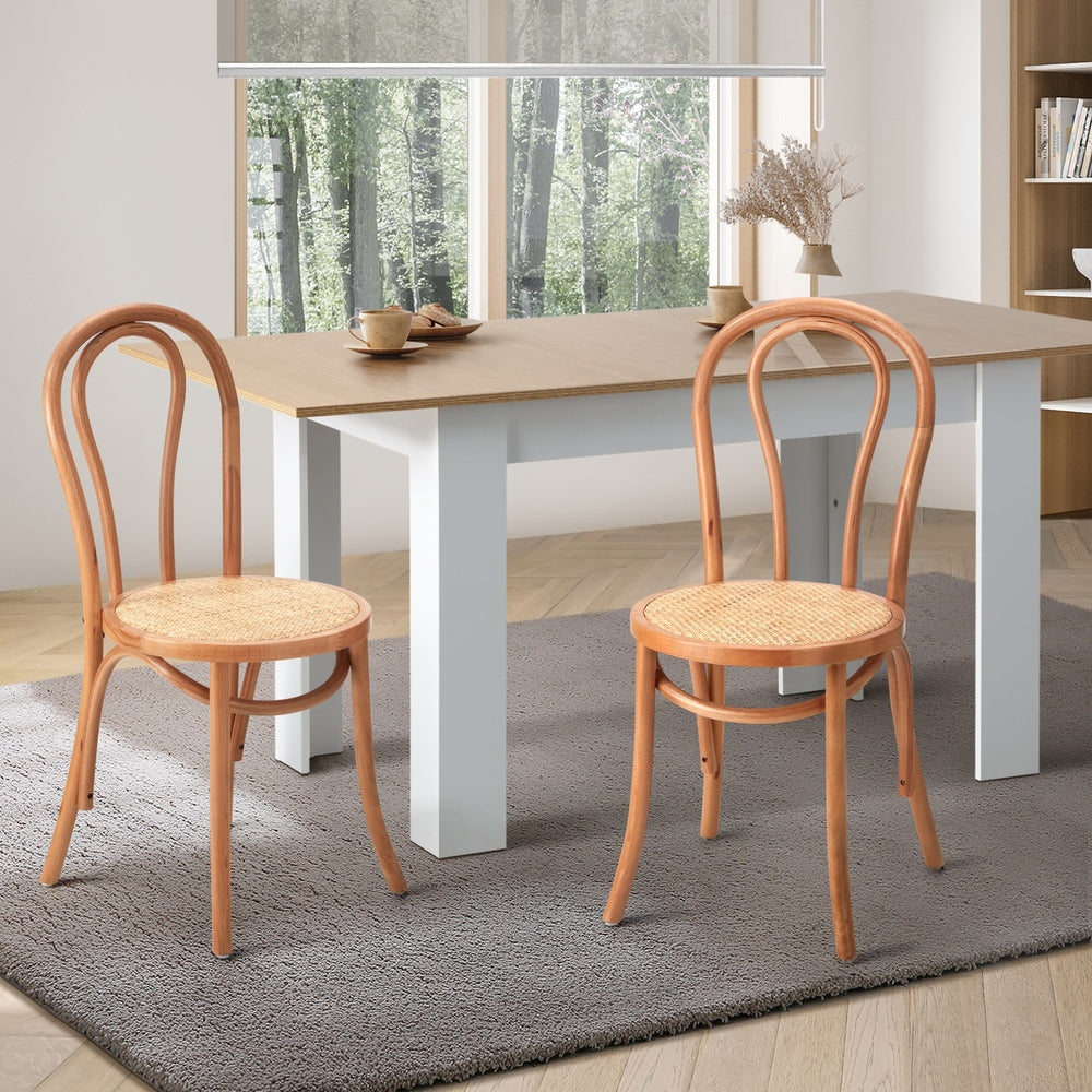 Oikiture 2PCS Dining Chair Solid Wooden Ratan Seat Beige