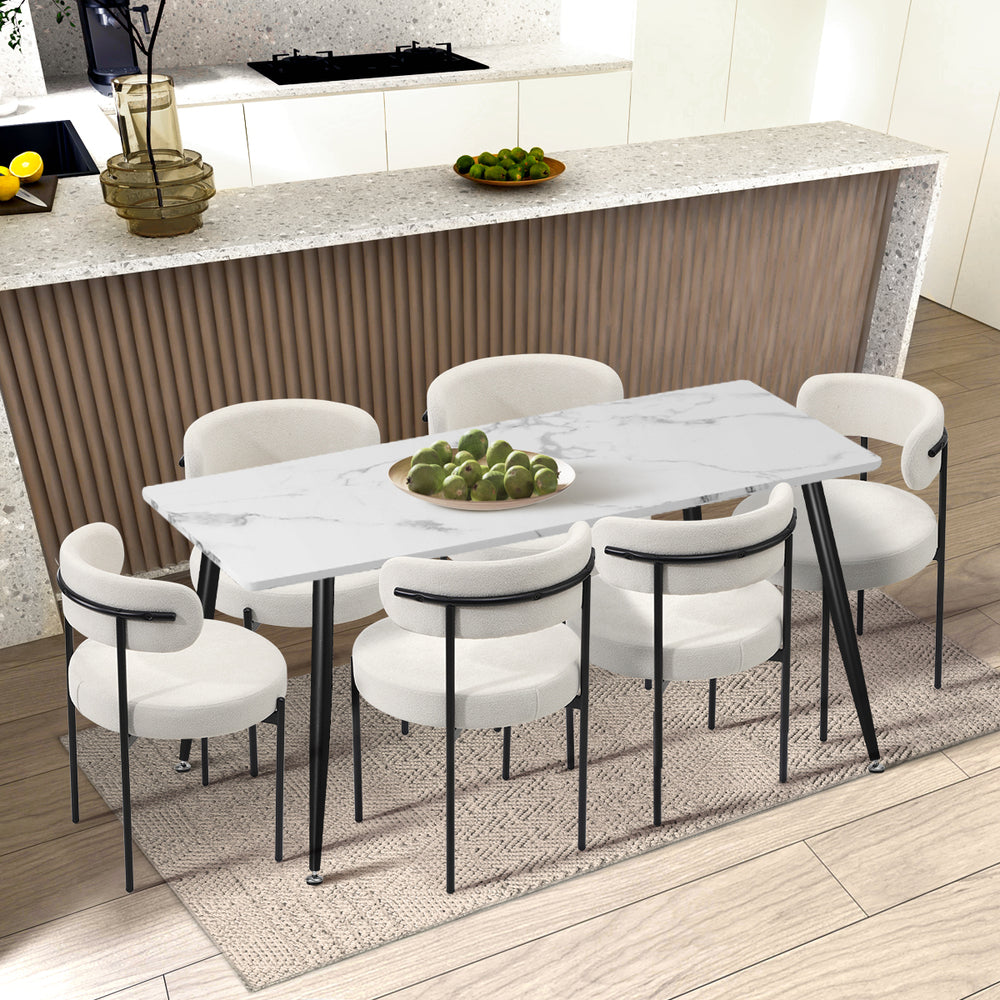 Oikiture 6x Dining Chair Round Boucle Backrest White