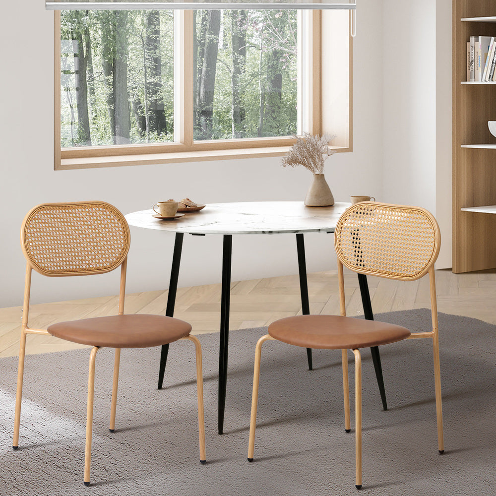 Oikiture 2PCS Dining Chair Rattan PU Leather Brown
