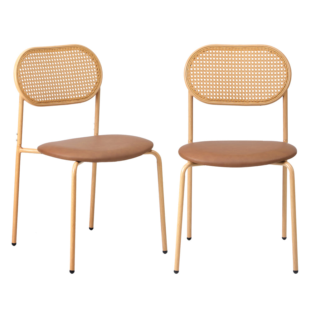 Oikiture 4PCS Dining Chair Rattan Furniture PU Leather Brown