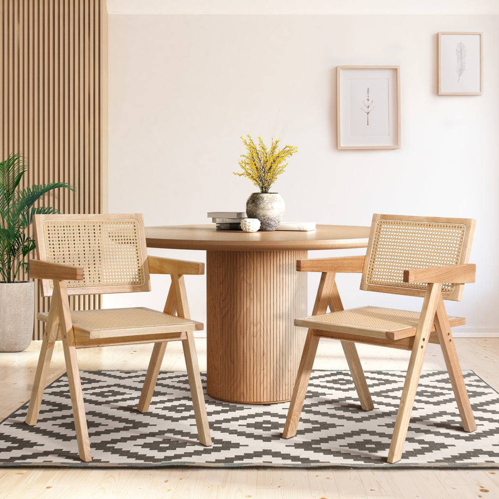 Oikiture 2x Dining Chairs Rattan Wooden Natural