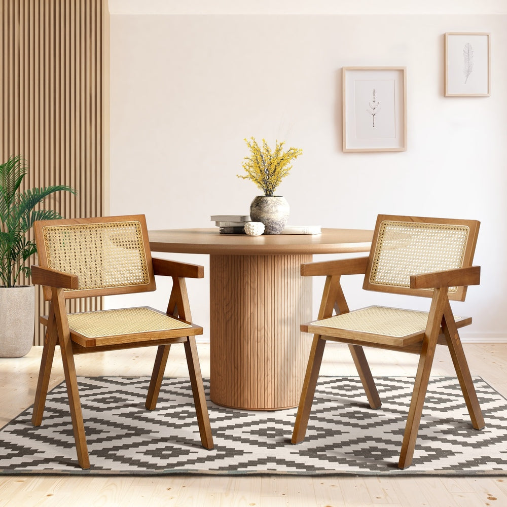 Oikiture 2x Dining Chairs Rattan Chair Wooden Walnut