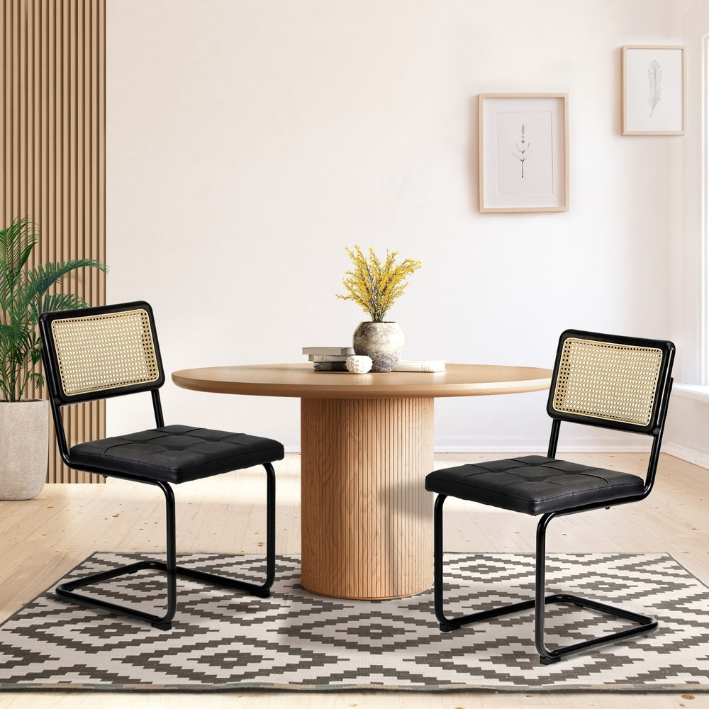 Oikiture 2x Rattan Dining Chair Cesca Replica Cantilever PU Leather