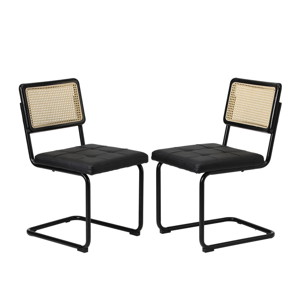 Oikiture 2x Rattan Dining Chair Cesca Replica Cantilever PU Leather
