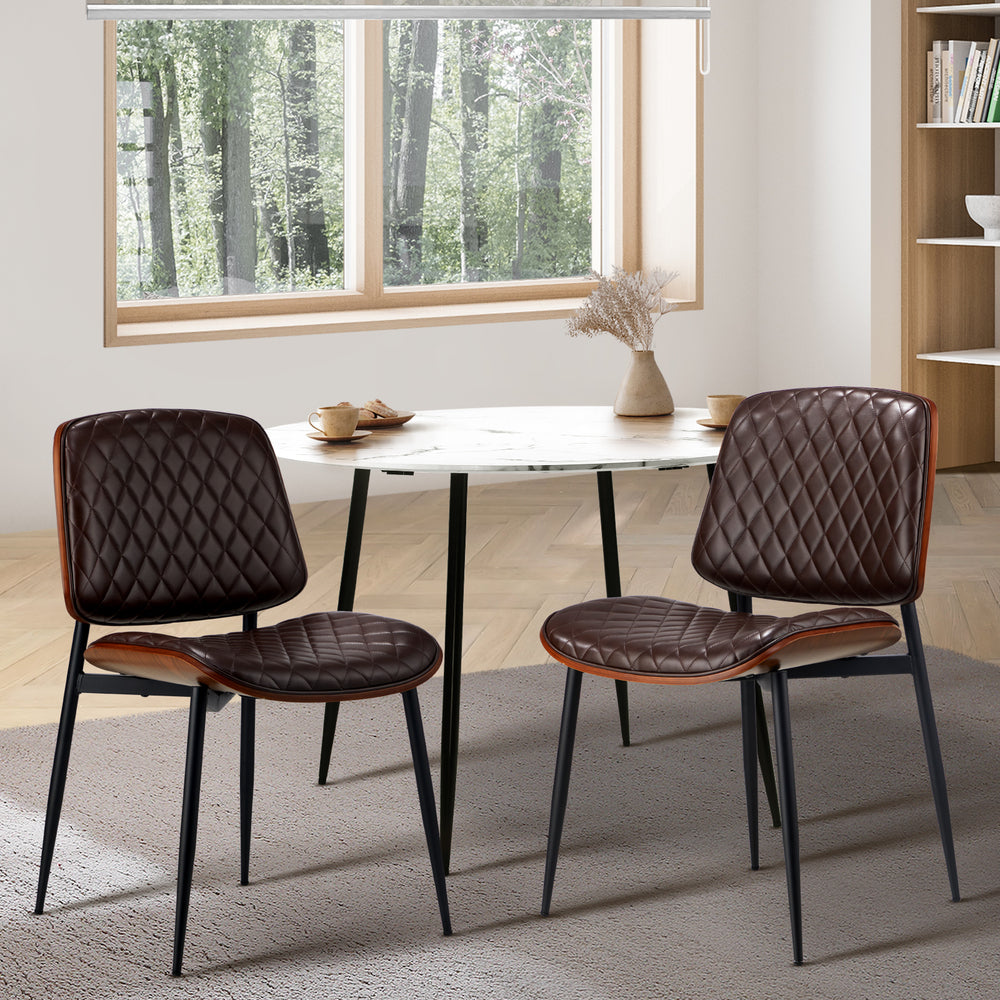 Oikiture 2x Dining Chairs Leather Seat Metal Legs Walnut