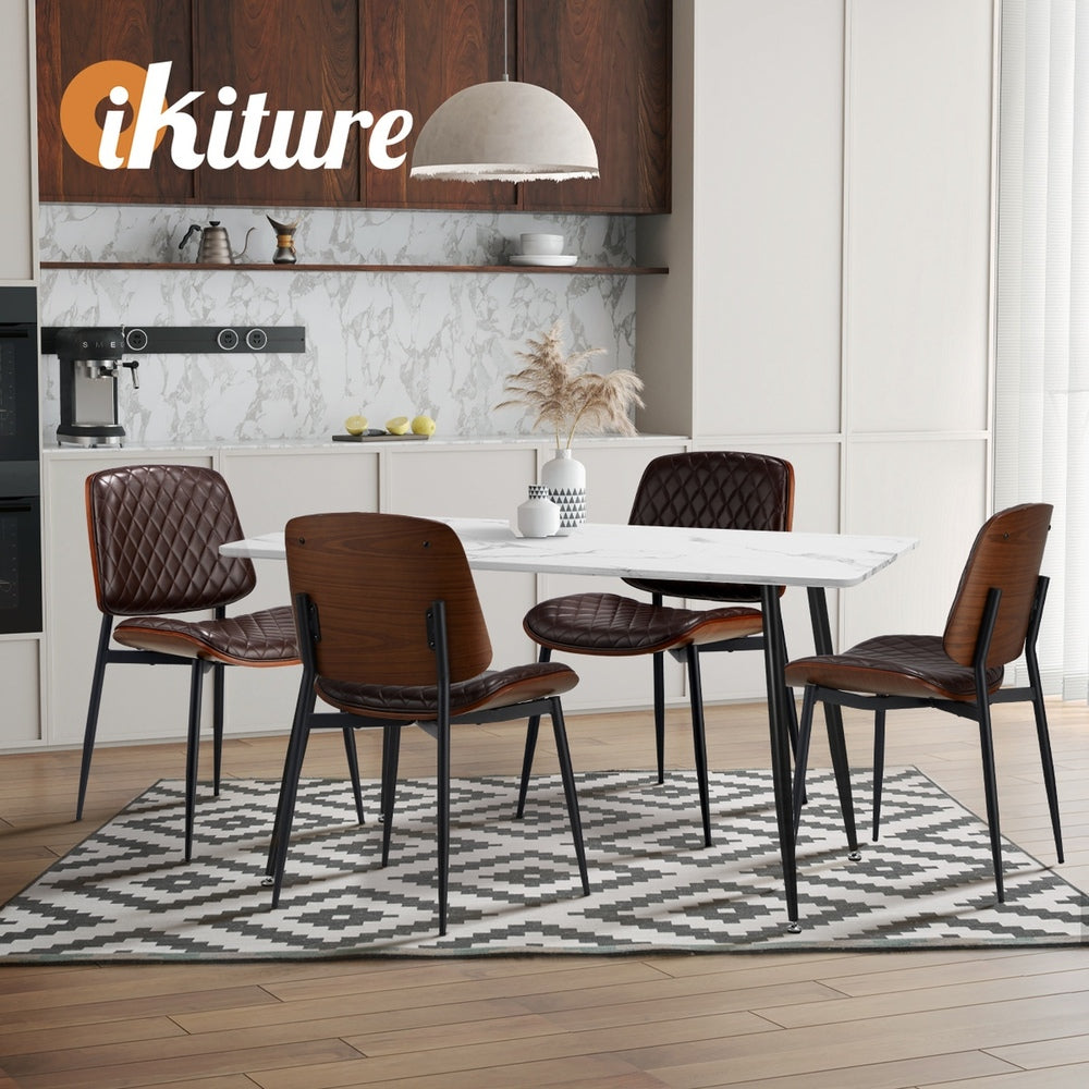 Oikiture 8x Dining Chairs Retro PU Leather Solid Wood Metal Leg Walnut