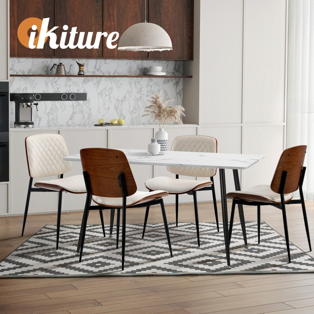 Oikiture 8x Dining Chairs Retro PU Leather Solid Wood Metal Leg White