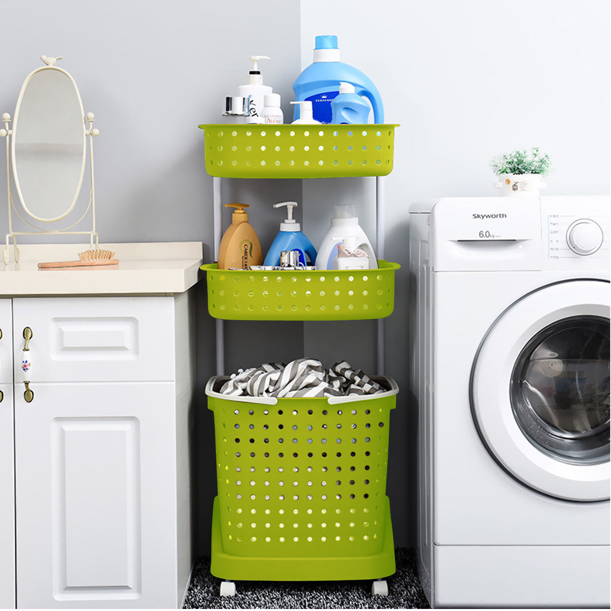 Bathroom Laundry Clothes Baskets Bin Removable Shelf Green