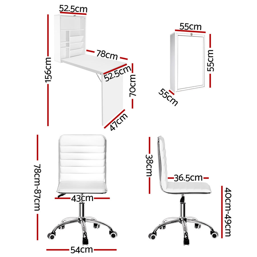 Artiss Computer Desk Office Chair Set PU Leather Wall Mount Foldable Table White, Foldable