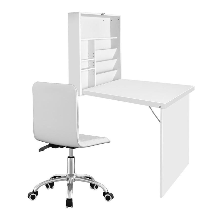 Artiss Computer Desk Office Chair Set PU Leather Wall Mount Foldable Table White, Wall Mounted