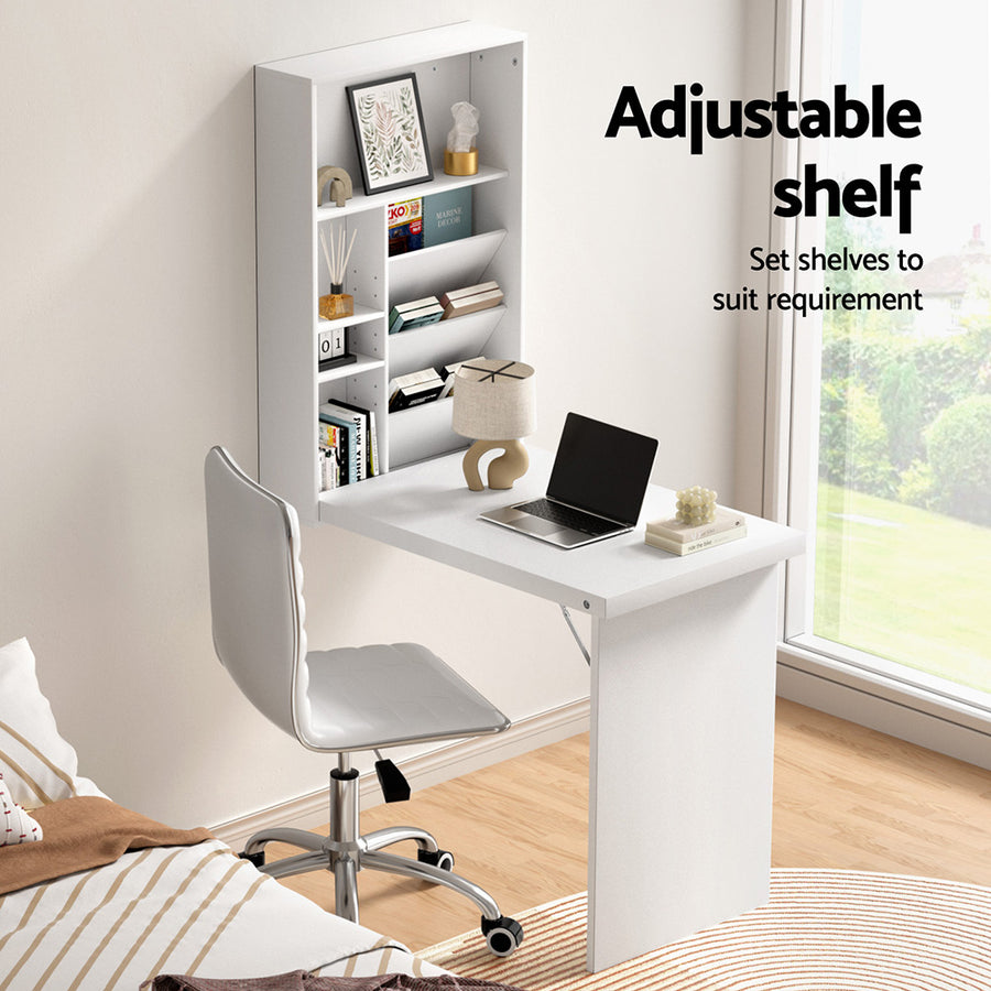 Artiss Computer Desk Office Chair Set PU Leather Wall Mount Foldable Table White, image 4