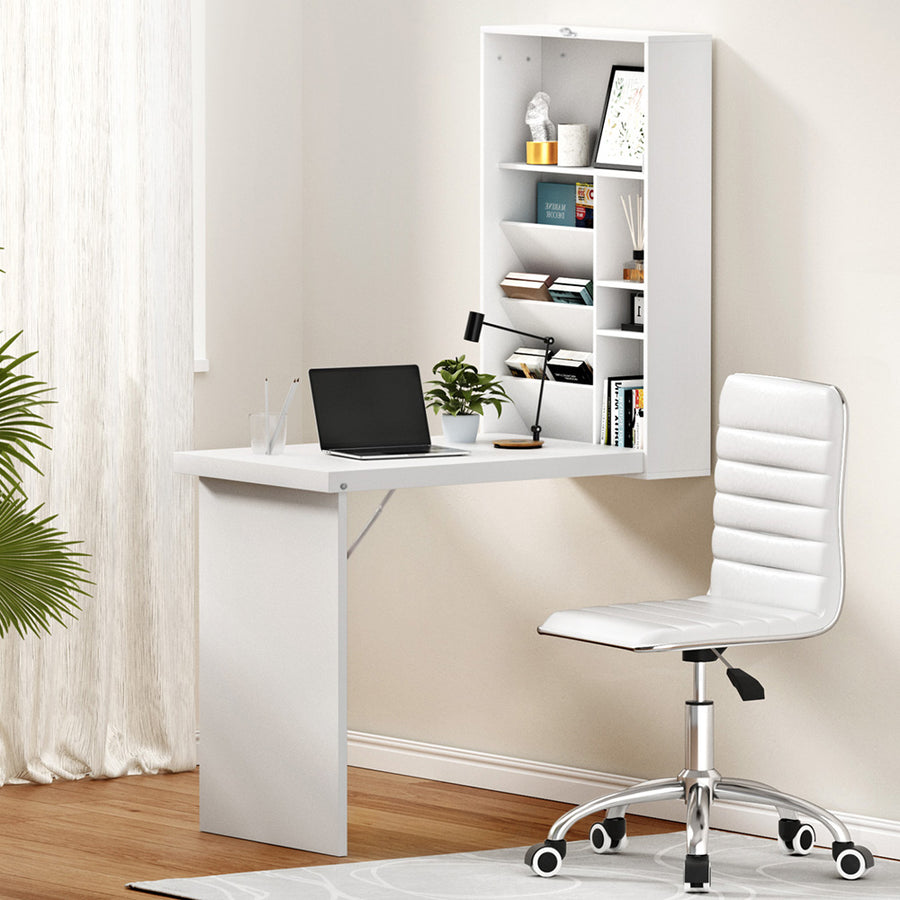 Artiss Computer Desk Office Chair Set PU Leather Wall Mount Foldable Table White, image 7