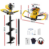 Giantz 74CC Post Hole Digger 300mm Petrol Drill Auger Extension Bits - Front View
