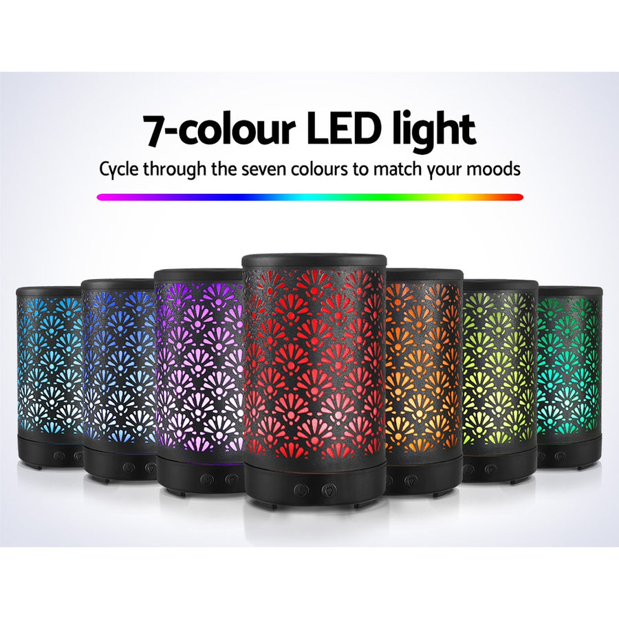 Devanti black 100ml ultrasonic aroma diffuser with fan pattern metal cover, 7-colour LED night light